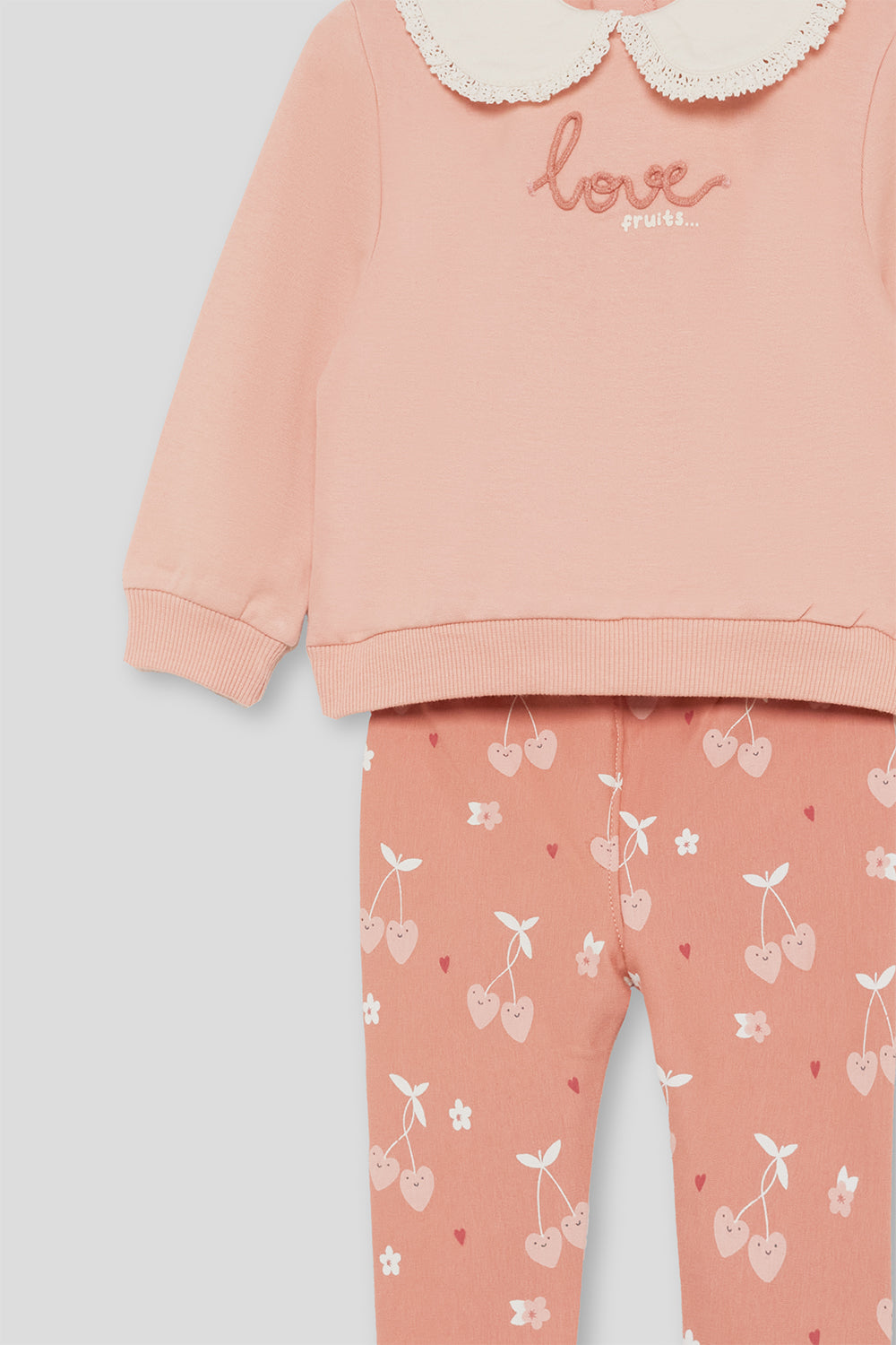 Conjunto Bebé Niña Sudadera Rosa con Cuello Calado y Leggings Estampados | 363037