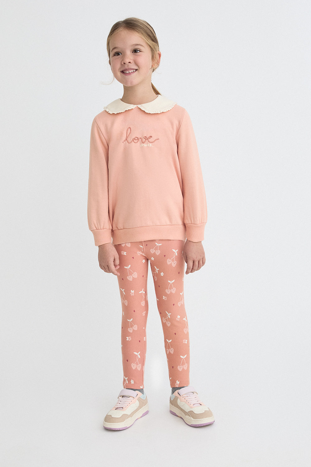 Conjunto Bebé Niña Sudadera Rosa con Cuello Calado y Leggings Estampados | 363037