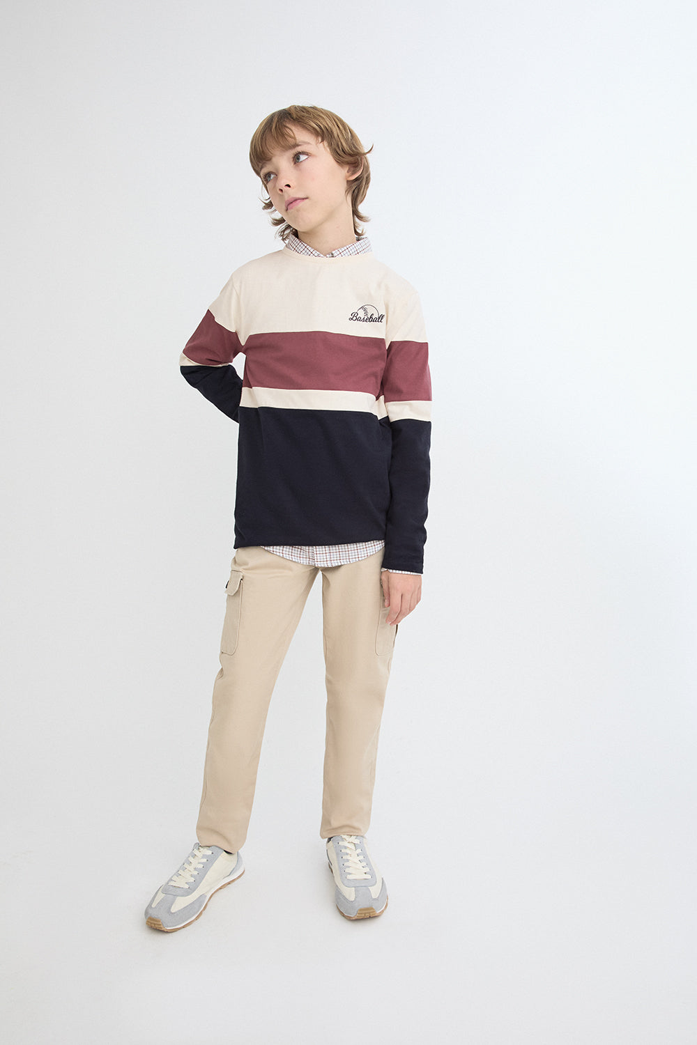 Camiseta Niño Manga Larga Baseball Crudo Borgoña y Marino Street Monkey | Siju