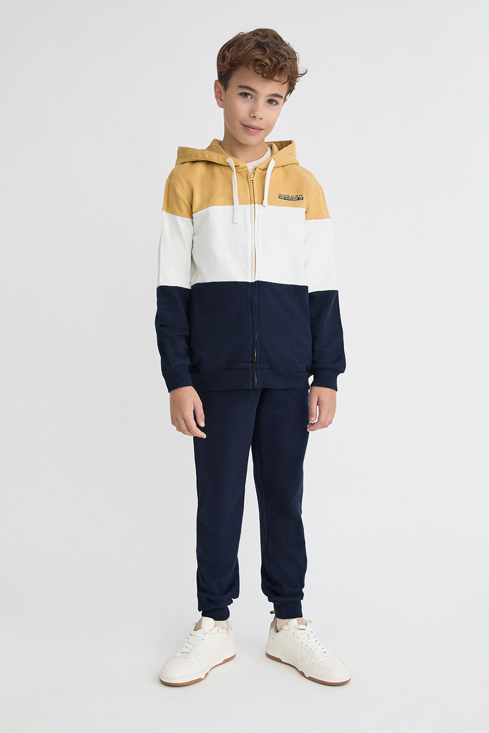 Conjunto Niño Sudadera Capucha Marino Mostaza y Crudo Street Monkey | Siju Moda Infantil