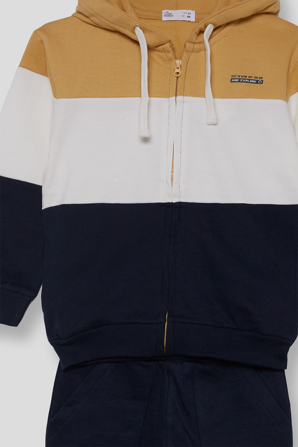 Conjunto Niño Sudadera Capucha Marino Mostaza y Crudo Street Monkey | Siju Moda Infantil