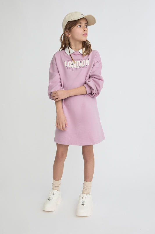 Vestido Niña Rosa con Cuello Crudo London 366006 | Siju Moda Infantil