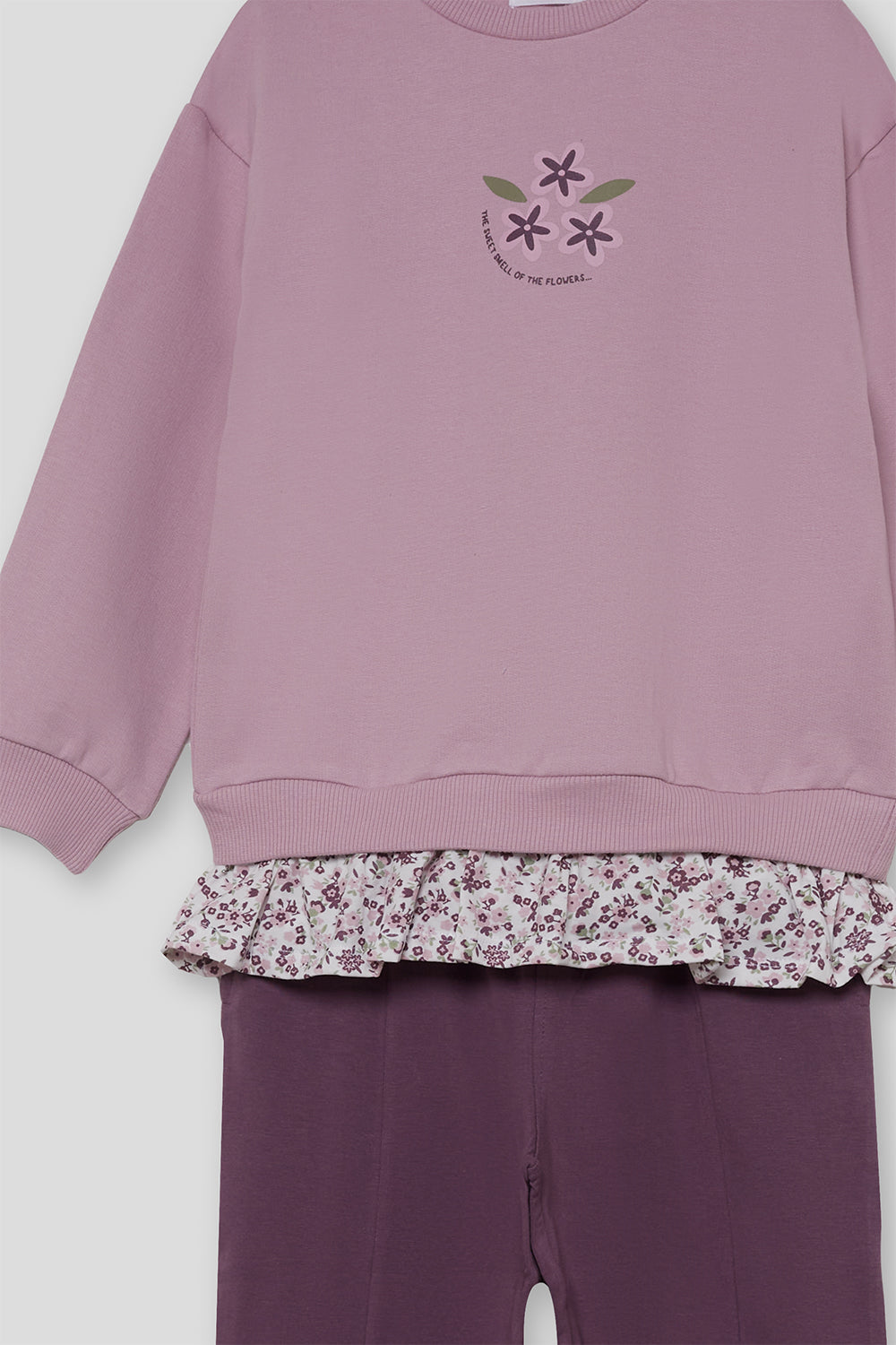 Conjunto Niña Sudadera Rosa con Volante Floral y Pantalón Lila 2-16 Años 366008 | Siju Moda Infantil