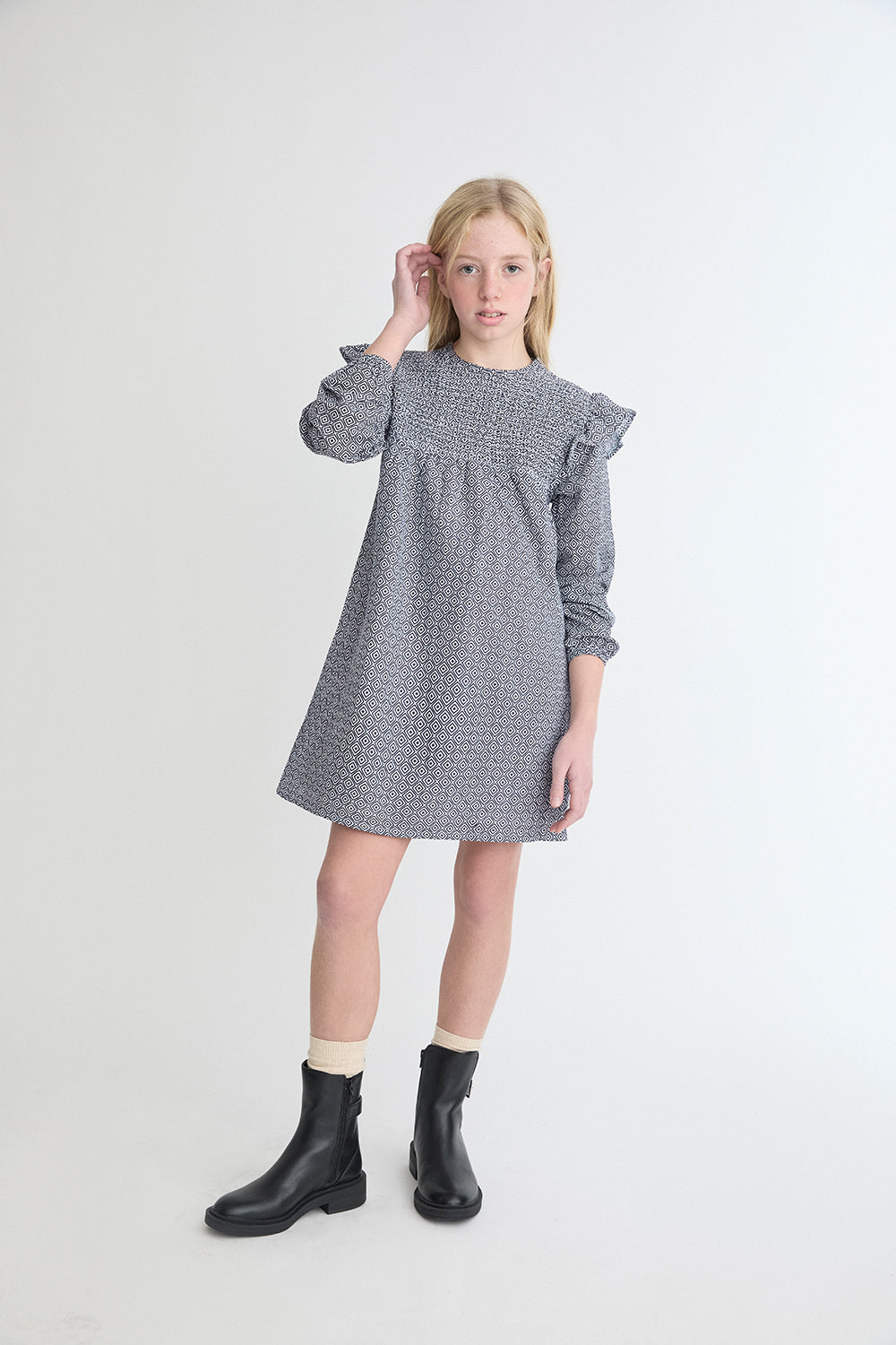Vestido Niña Azul Marino y Blanco con Estampado Geométrico 2-16 Años 366019 | Siju Moda Infantil