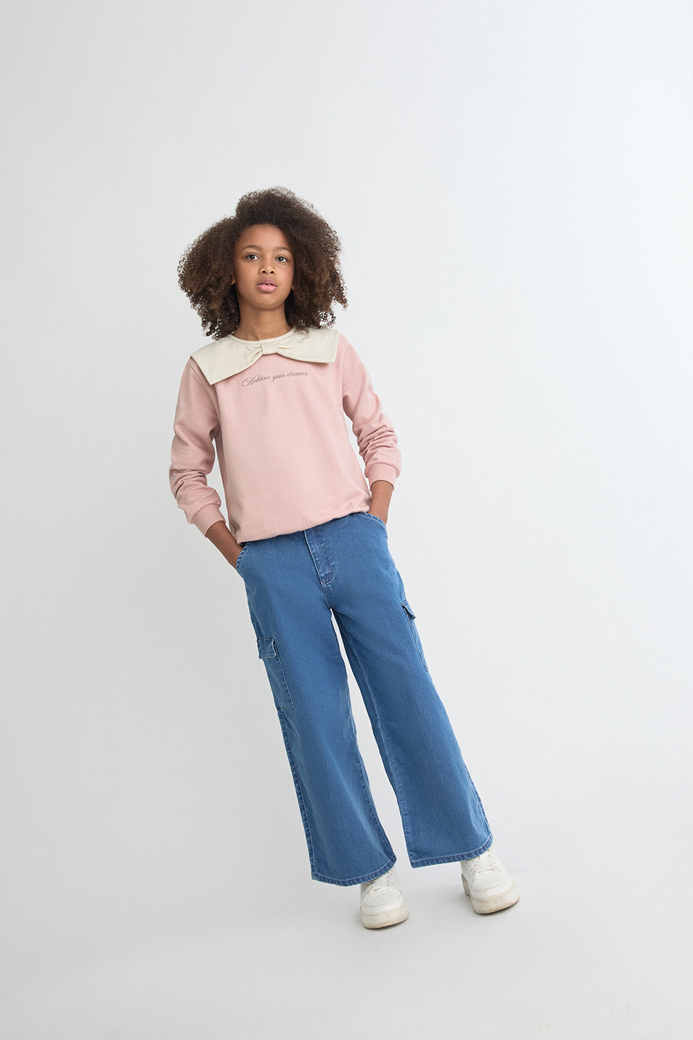 Sudadera Niña Rosa con Cuello y Lazo Crudo “Achieve Your Dreams” | Ref. 366050 | Siju Moda Infantil
