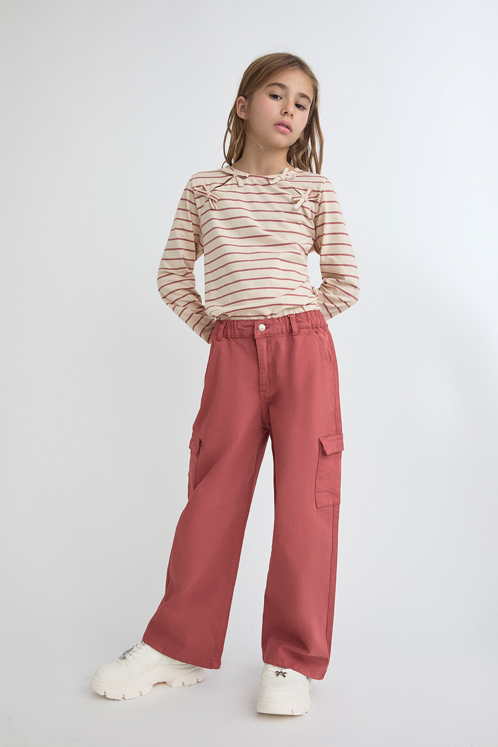 Camiseta Niña Crudo de Rayas Burdeos con Lazos | Ref. 366053 | Siju Moda Infantil