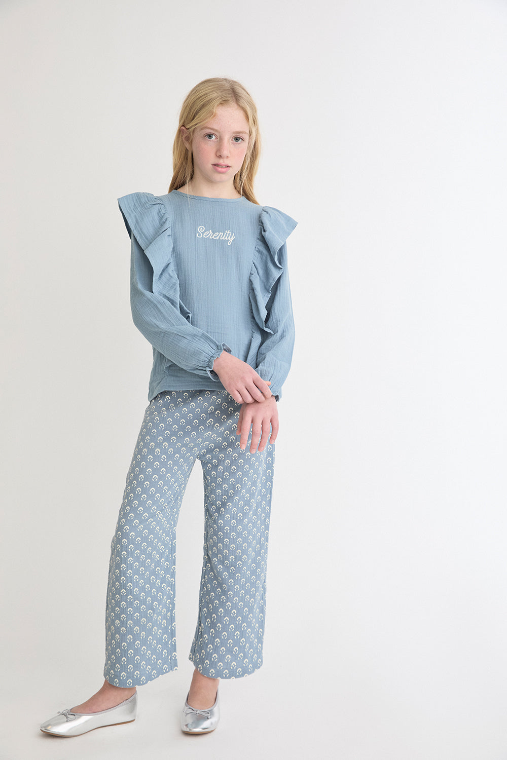 Pantalón Niña Azul Estampado con Cintura Elástica | Ref. 366061 | Siju Moda Infantil