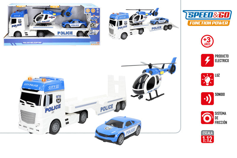 Camión Portavehículos Policía 1:12 con Luz y Sonido (Fricción)-Speed&Go