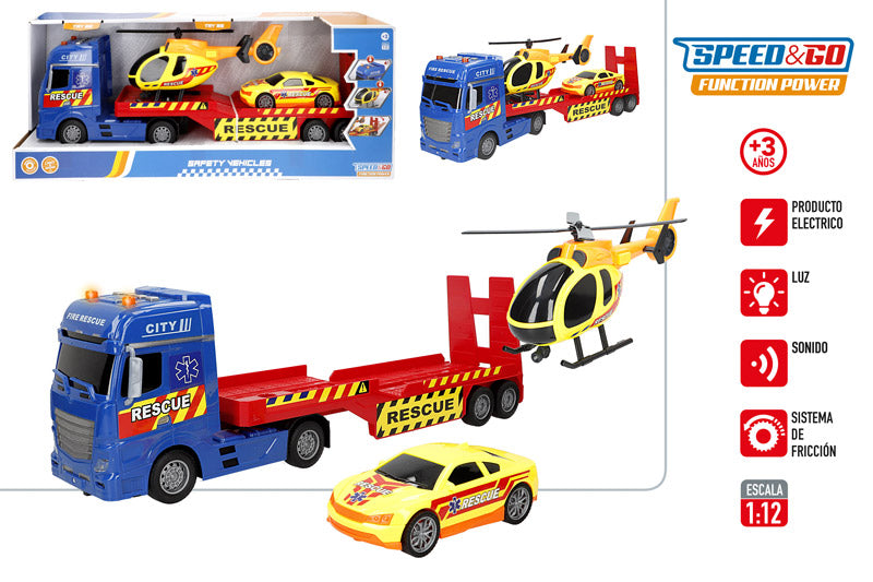 Camión Portavehículos de Rescate 1:12 con Luz y Sonido (Fricción)-Speed&Go –