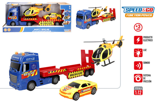 Camión Portavehículos de Rescate 1:12 con Luz y Sonido (Fricción)-Speed&Go –