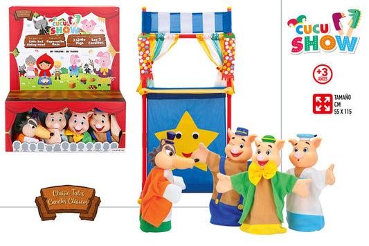 Set de Teatro con 4 Marionetas – Los Tres Cerditos 55×115 cm