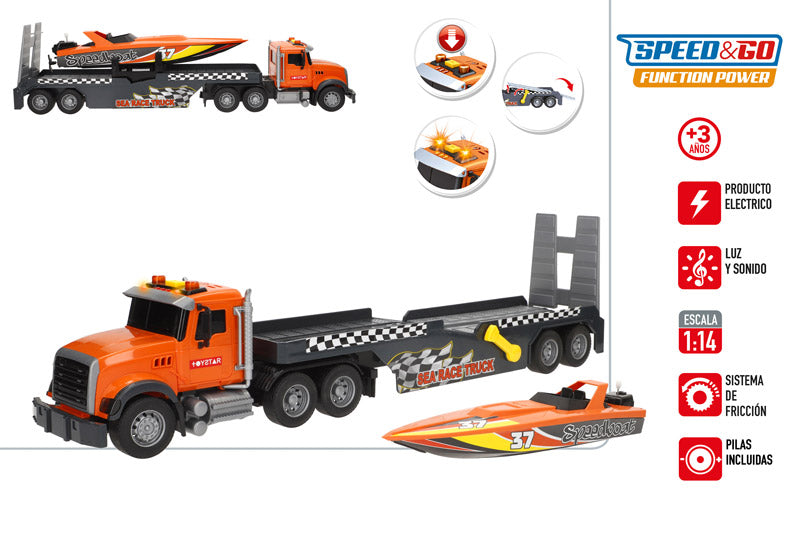 Camión Remolque 1:14 con Lancha y Luz & Sonido (Fricción)-Speed&Go