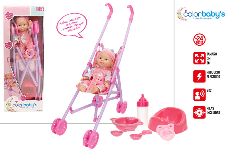Bebé 32 cm con Sonidos, Accesorios y Silla Infantil (+18 Meses)-Colorbaby’s