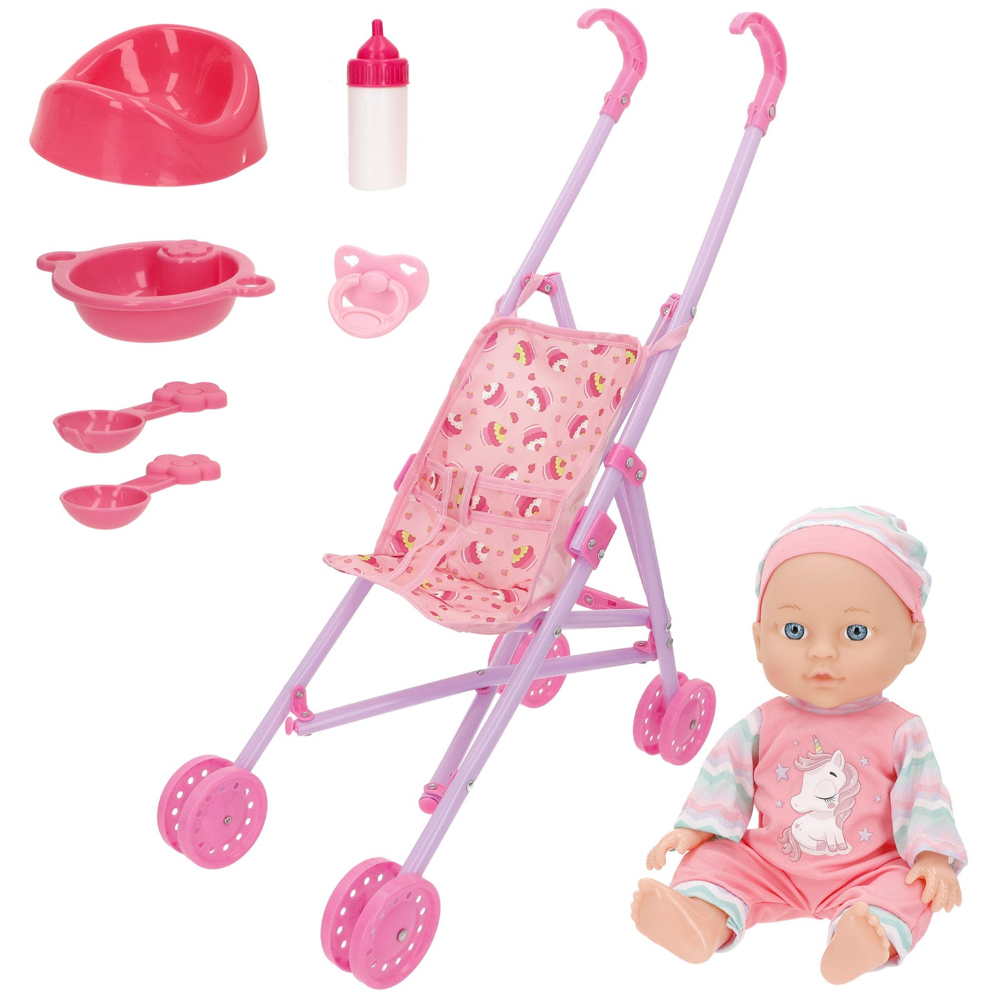 Bebé 32 cm con Sonidos, Accesorios y Silla Infantil (+18 Meses)-Colorbaby’s