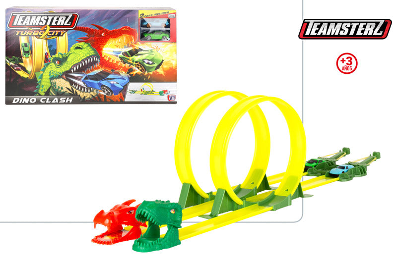 Pista Doble Lanzacoches Dinosaurio con 2 Coches y Meta Teamsterz