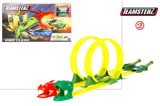 Pista Doble Lanzacoches Dinosaurio con 2 Coches y Meta Teamsterz