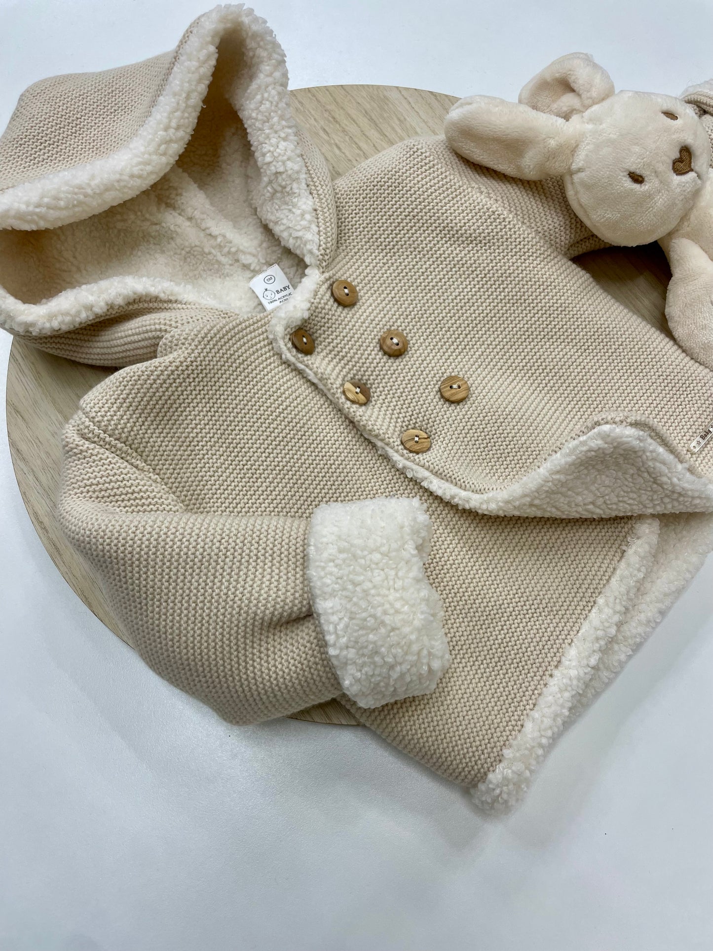 Chaqueta bebé lana crudo con borreguito interior y capucha | Tallas 6-24 meses