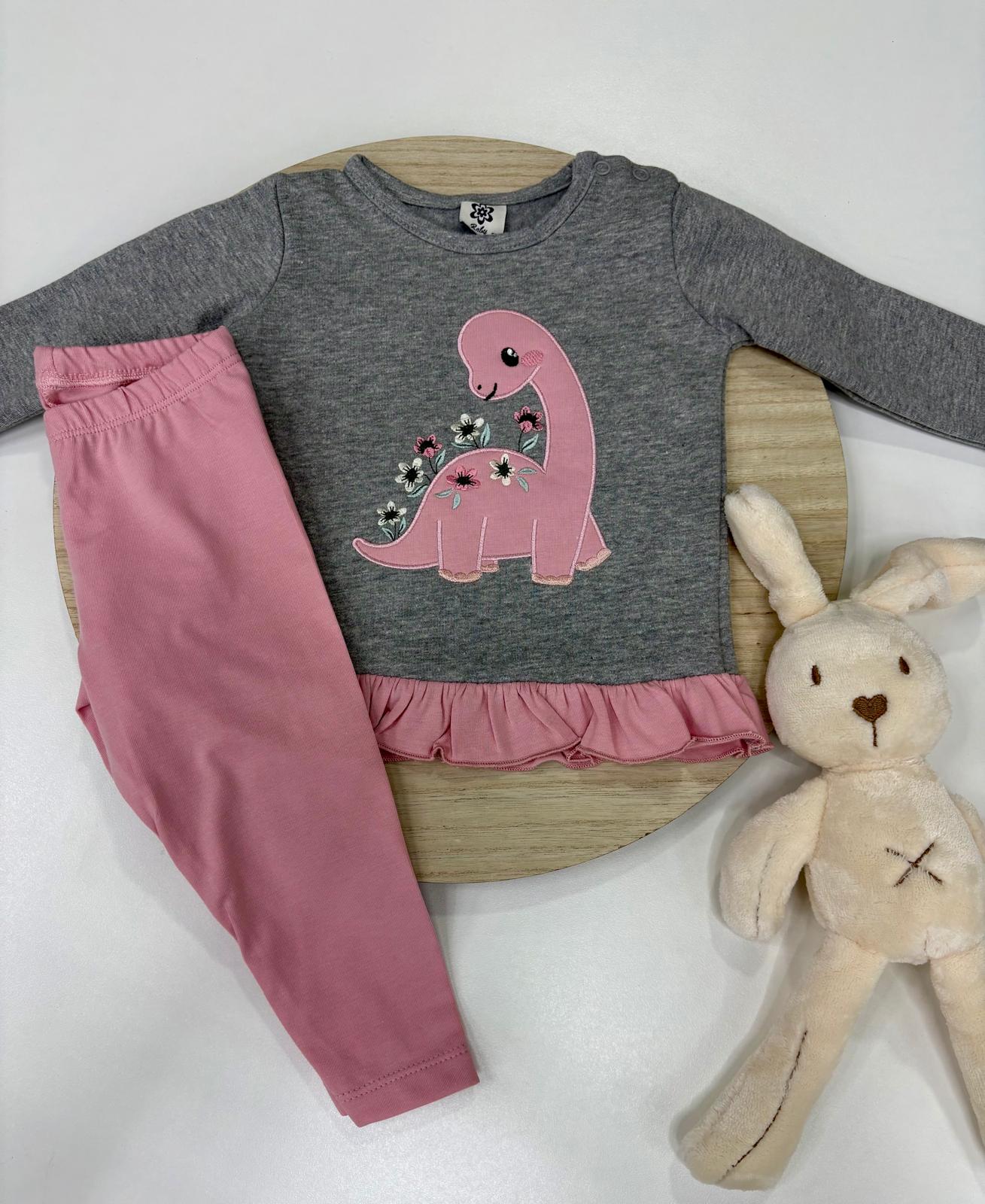 Chándal bebé niña rosa con dinosaurio – 2 piezas camiseta y leggins | 6-48 meses