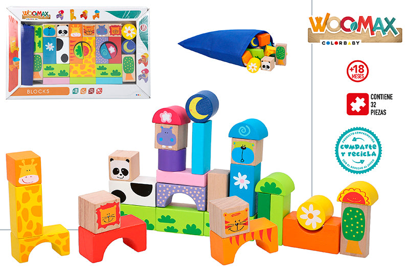 Bloques de Madera Animales 32 Piezas con Bolsa (+18 Meses) Woomax