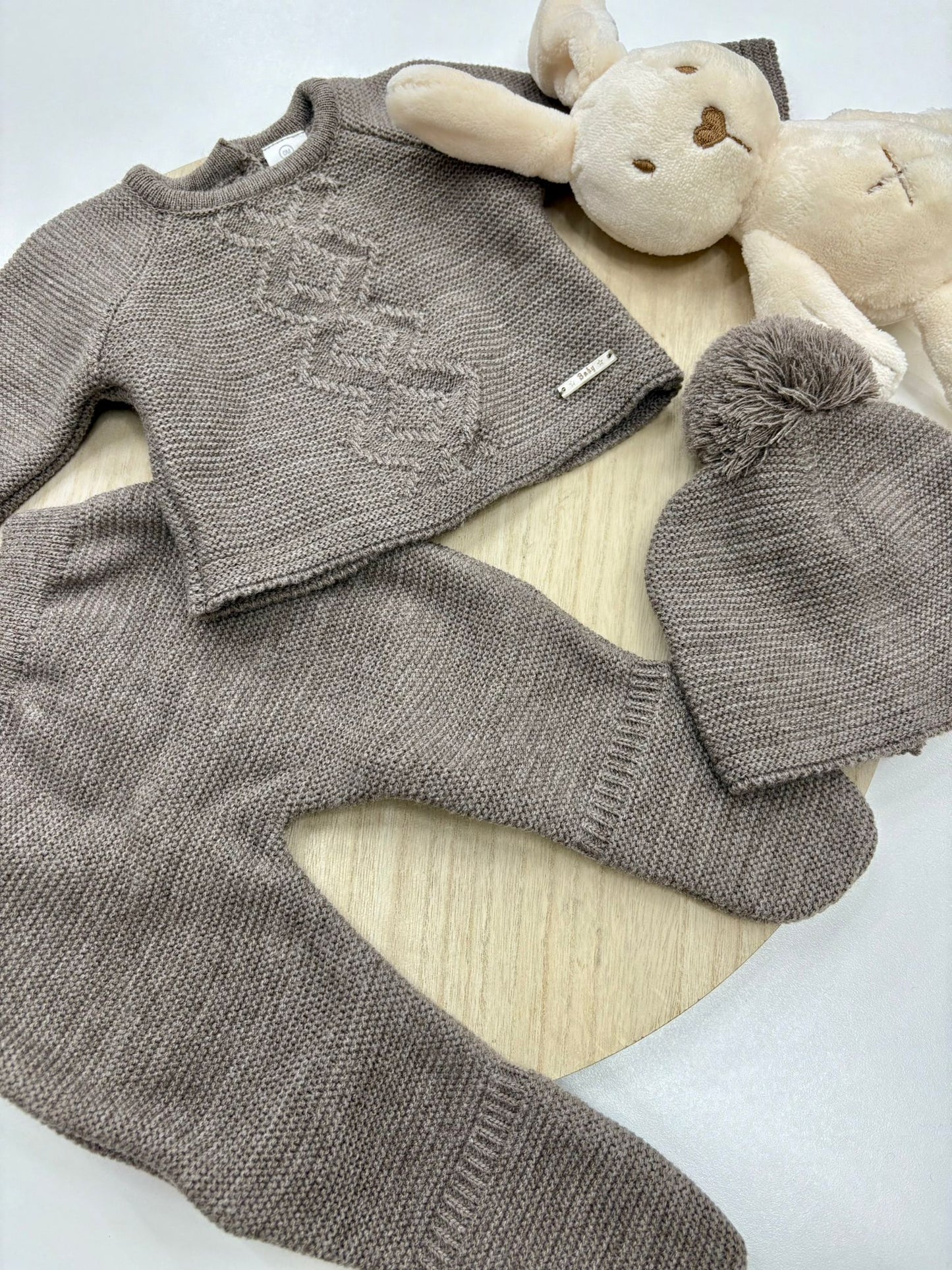 Conjunto primera puesta bebé 3 piezas topo – jersey con dibujo de rombos y gorro con pompón – 00 prematuro a 6 meses