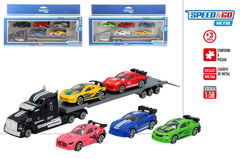 Camión Transportador con 5 Coches Metálicos (2 Modelos Surtidos) Speed&Go