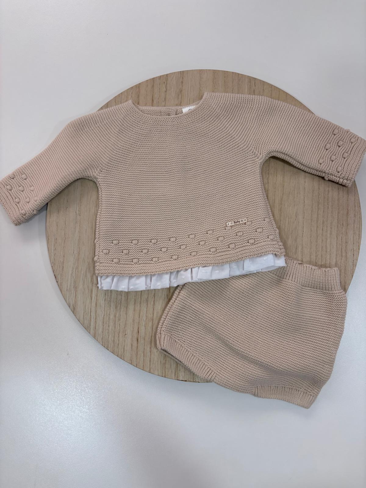 Conjunto de Lana Beige con Jersey de Puntilla y Cubrepañal para Bebé | 1 a 24 Meses