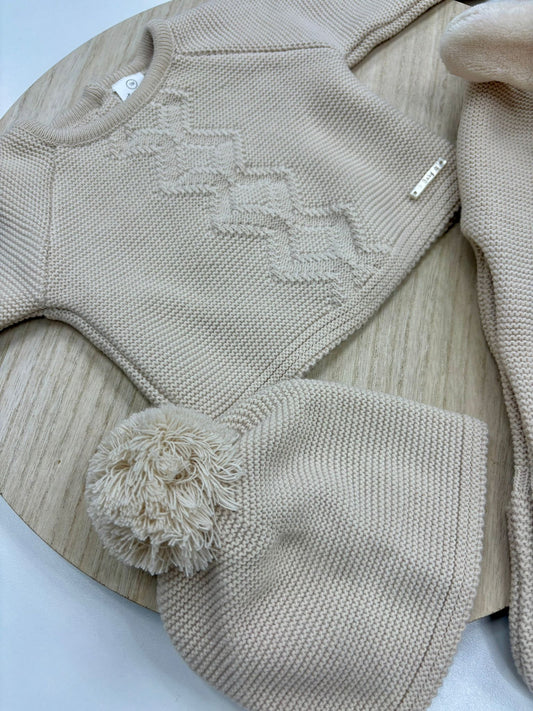 Conjunto primera puesta bebé 3 piezas crudo – jersey con dibujo de rombos y gorro con pompón – 00 prematuro a 6 meses