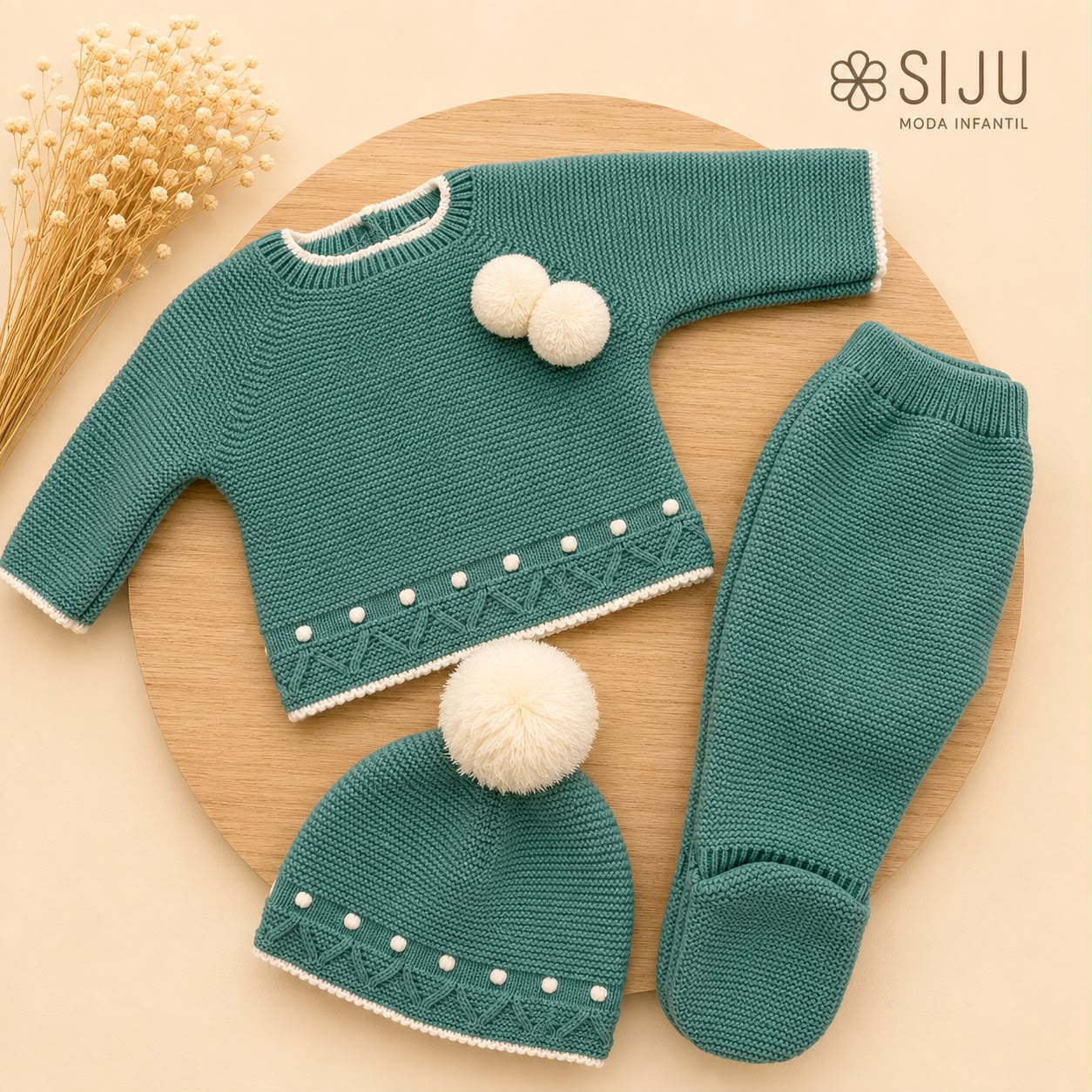 Conjunto de Primera Puesta Verde Mint para Bebé con Pompones, Polaina y Gorro | Siju Moda Infantil