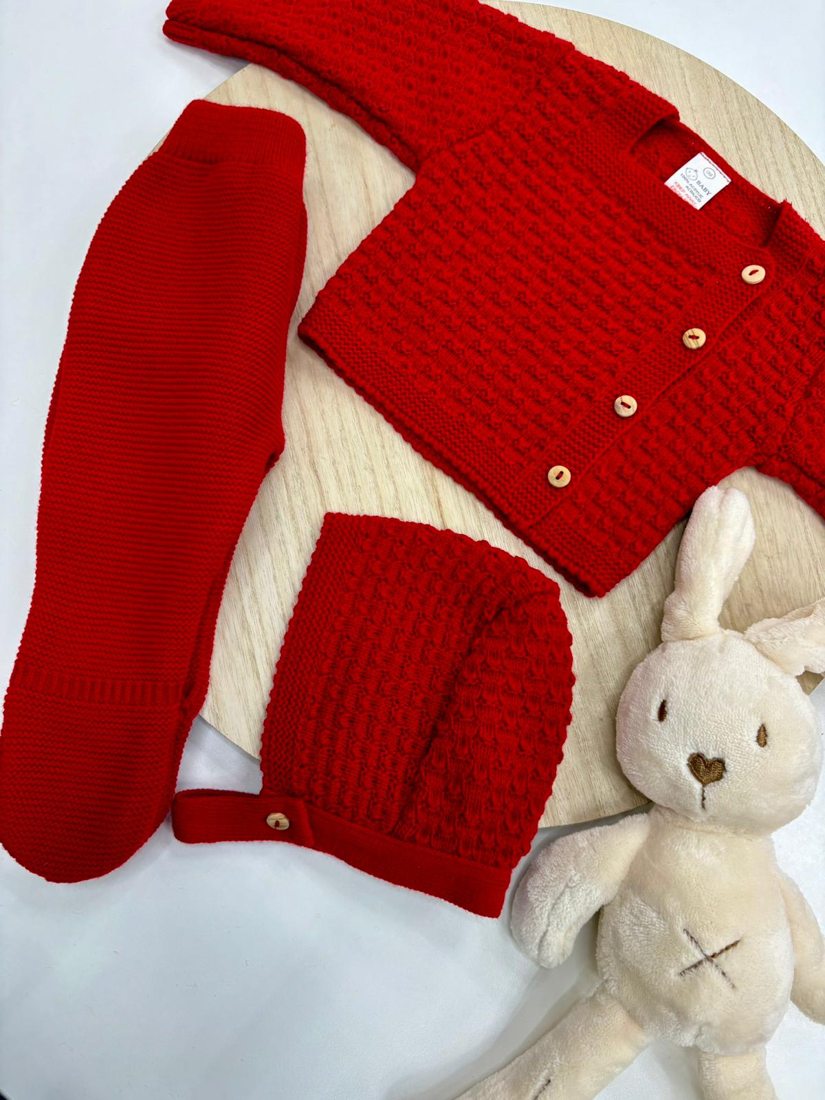 Conjunto primera puesta bebé 3 piezas rojo con polaina, chaqueta y capota – 0 a 6 meses
