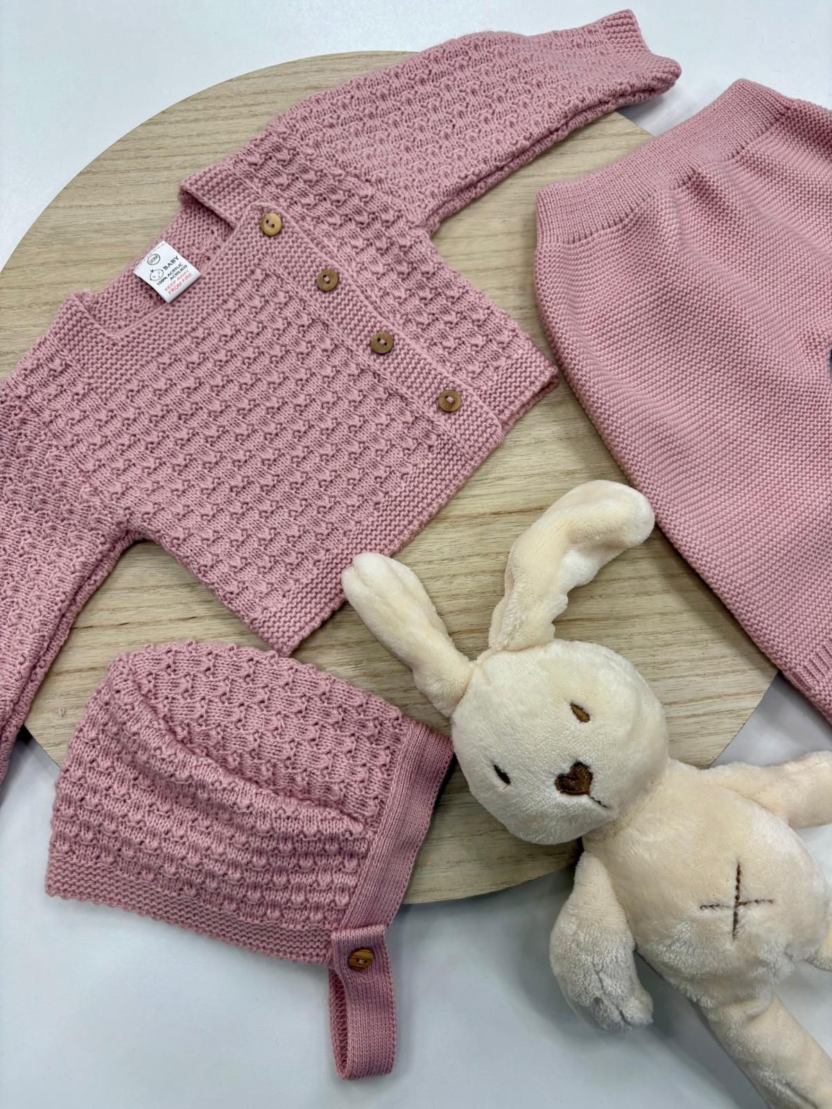 Conjunto primera puesta bebé 3 piezas rosa empolvado con polaina, chaqueta y capota – 0 a 6 meses