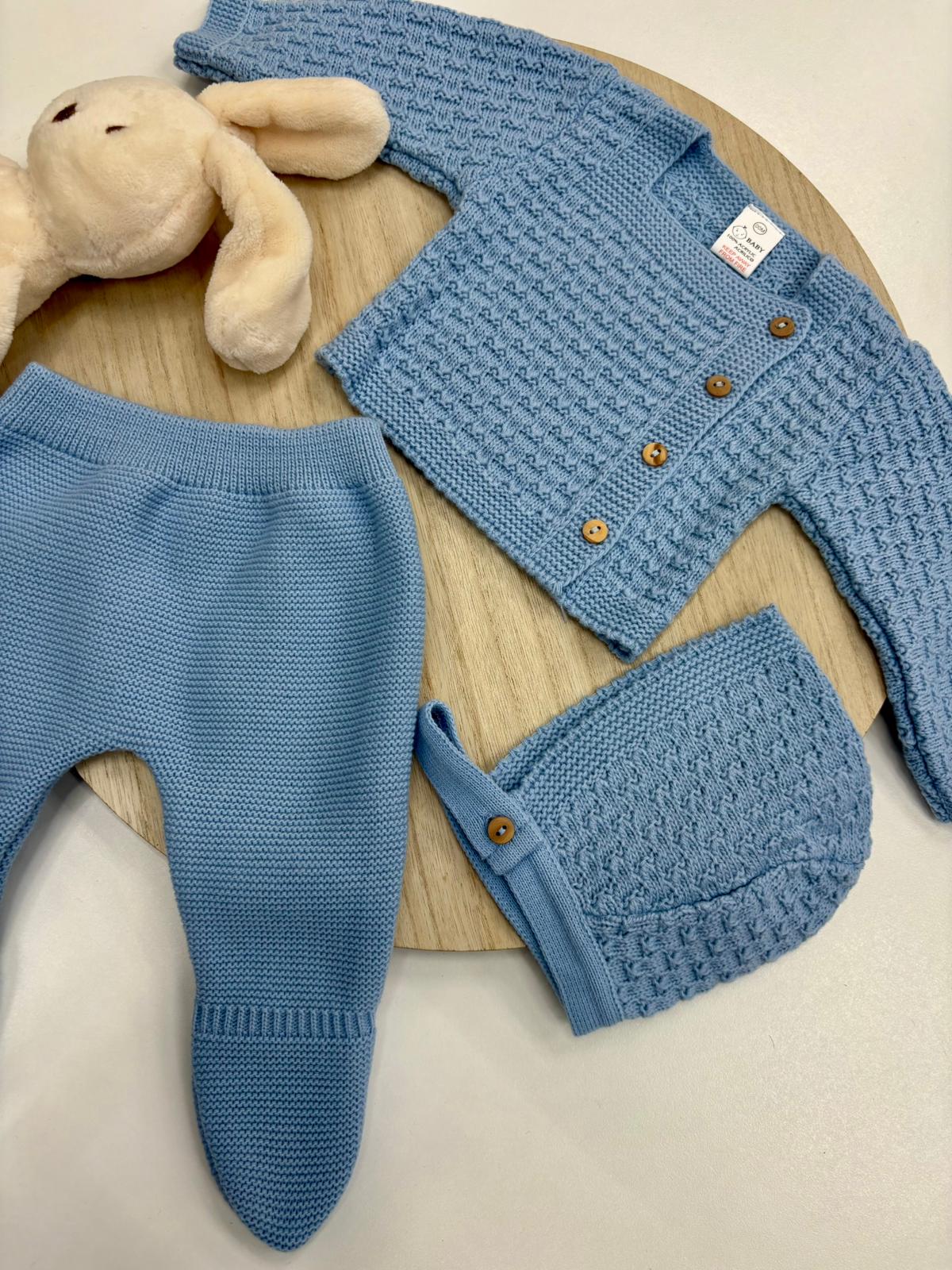 Conjunto primera puesta bebé 3 piezas azul con polaina, chaqueta y capota – 0 a 6 meses