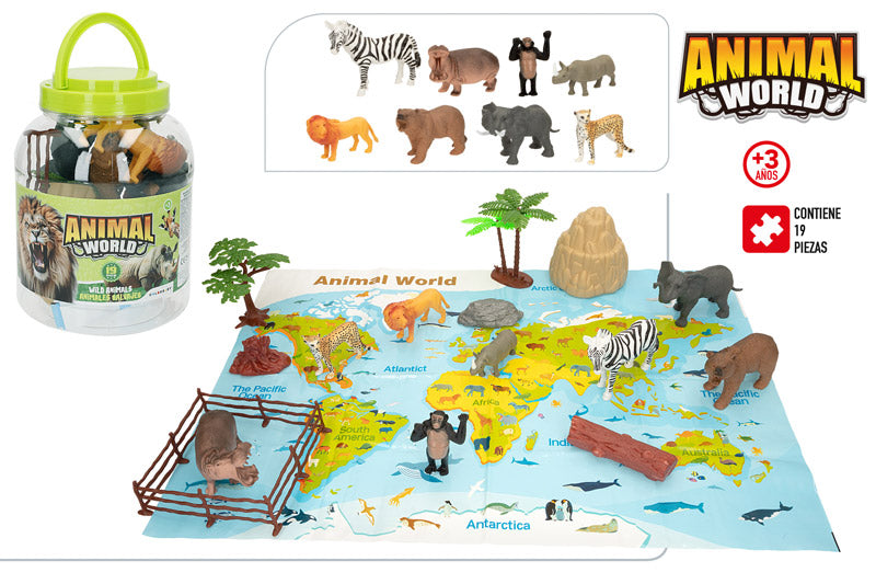 Bote 19 Animales de la Jungla con Accesorios (D16x21 cm) Animal World