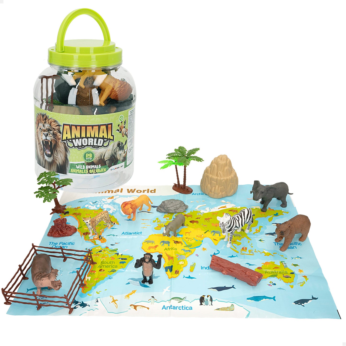 Bote 19 Animales de la Jungla con Accesorios (D16x21 cm) Animal World