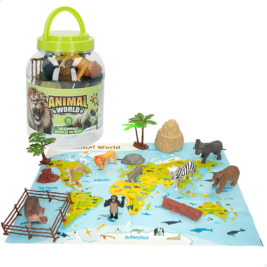 Bote 19 Animales de la Jungla con Accesorios (D16x21 cm) Animal World