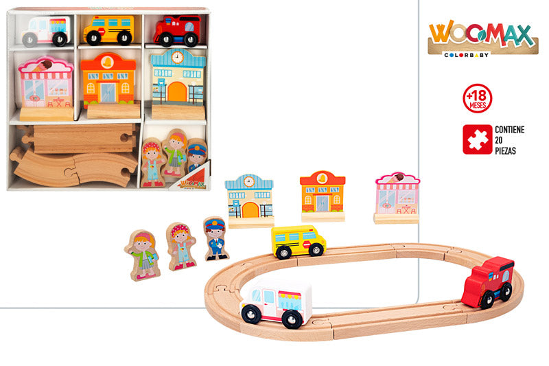 Circuito de Madera con Pista, Vehículos y Figuras (+18 Meses)Woomax