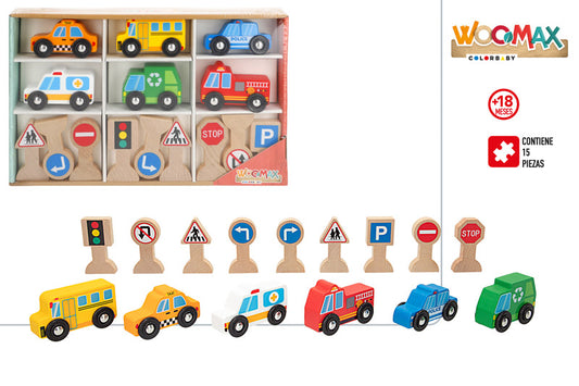 Set de 6 Vehículos de Madera y 9 Señales de Tráfico (+18 Meses)Woomax