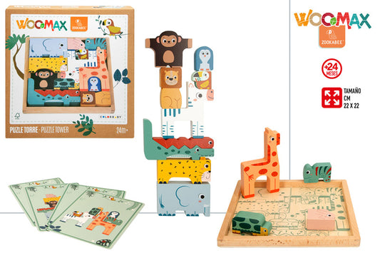 Puzzle & Torre de Animales de Madera (22x22 cm) +24 Meses Woomax Zookabee