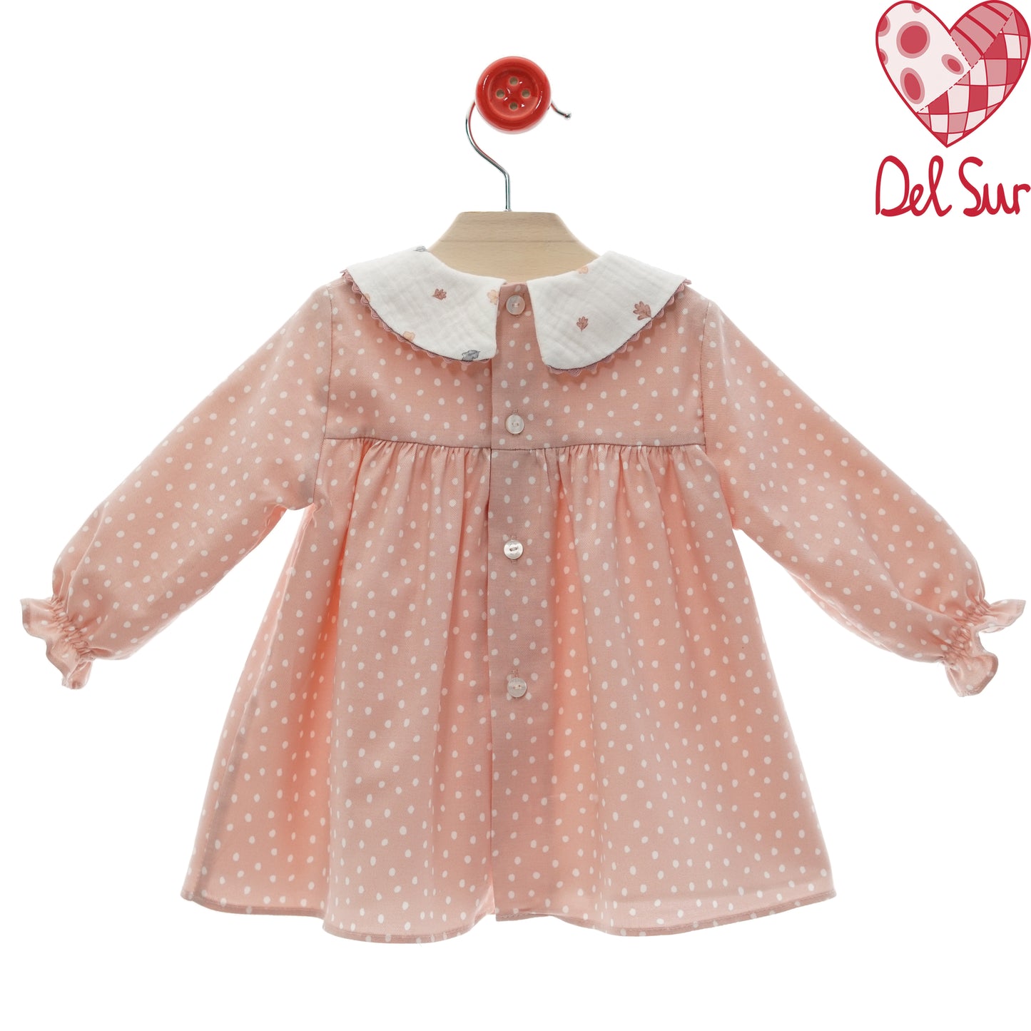 Vestido bebé niña rosa empolvado con topitos y cuello bebé – Del Sur Entretelas (3-36 meses)