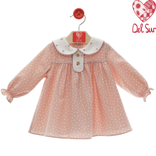Vestido bebé niña rosa empolvado con topitos y cuello bebé – Del Sur Entretelas (3-36 meses)