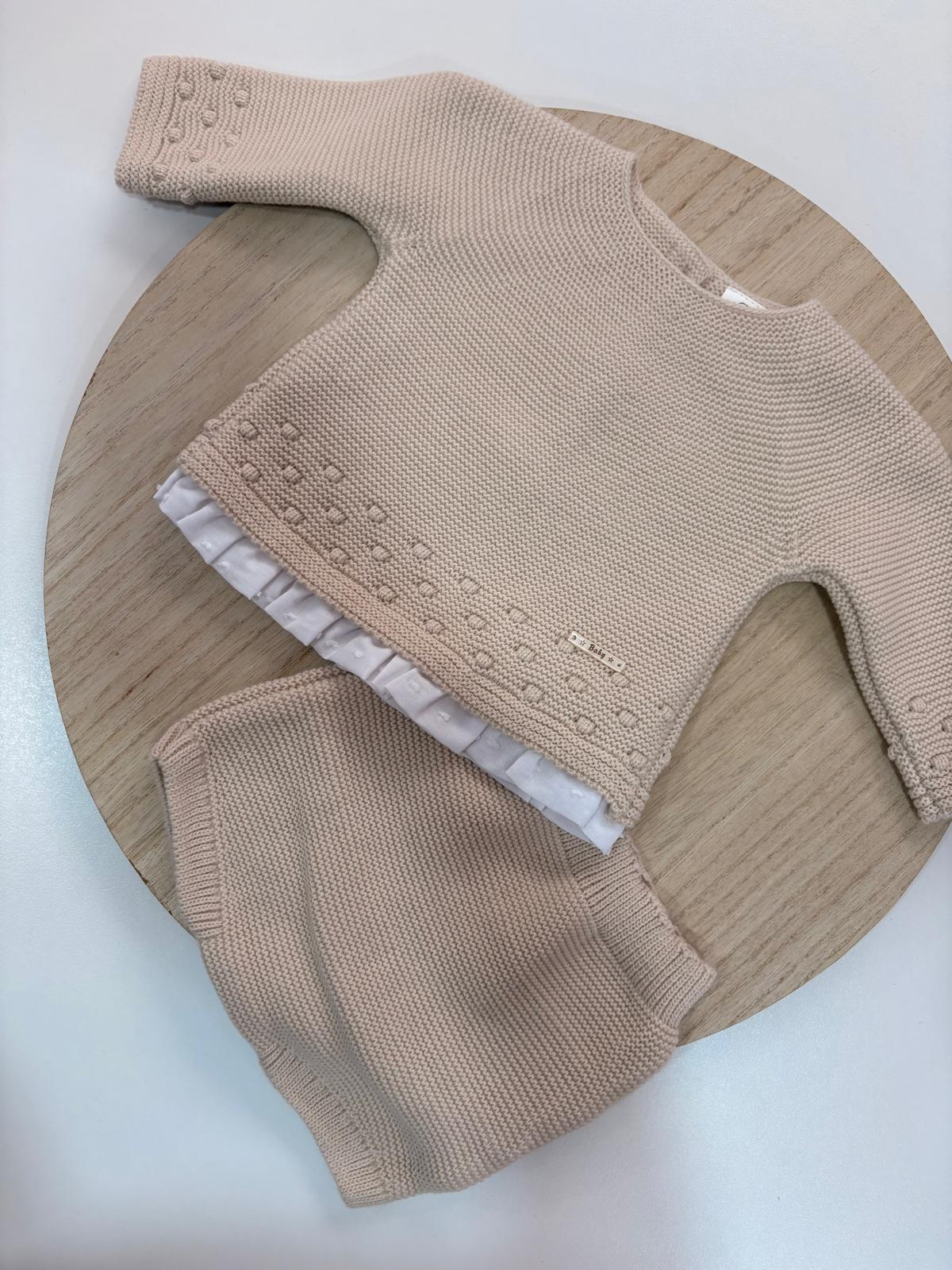 Conjunto de Lana Beige con Jersey de Puntilla y Cubrepañal para Bebé | 1 a 24 Meses
