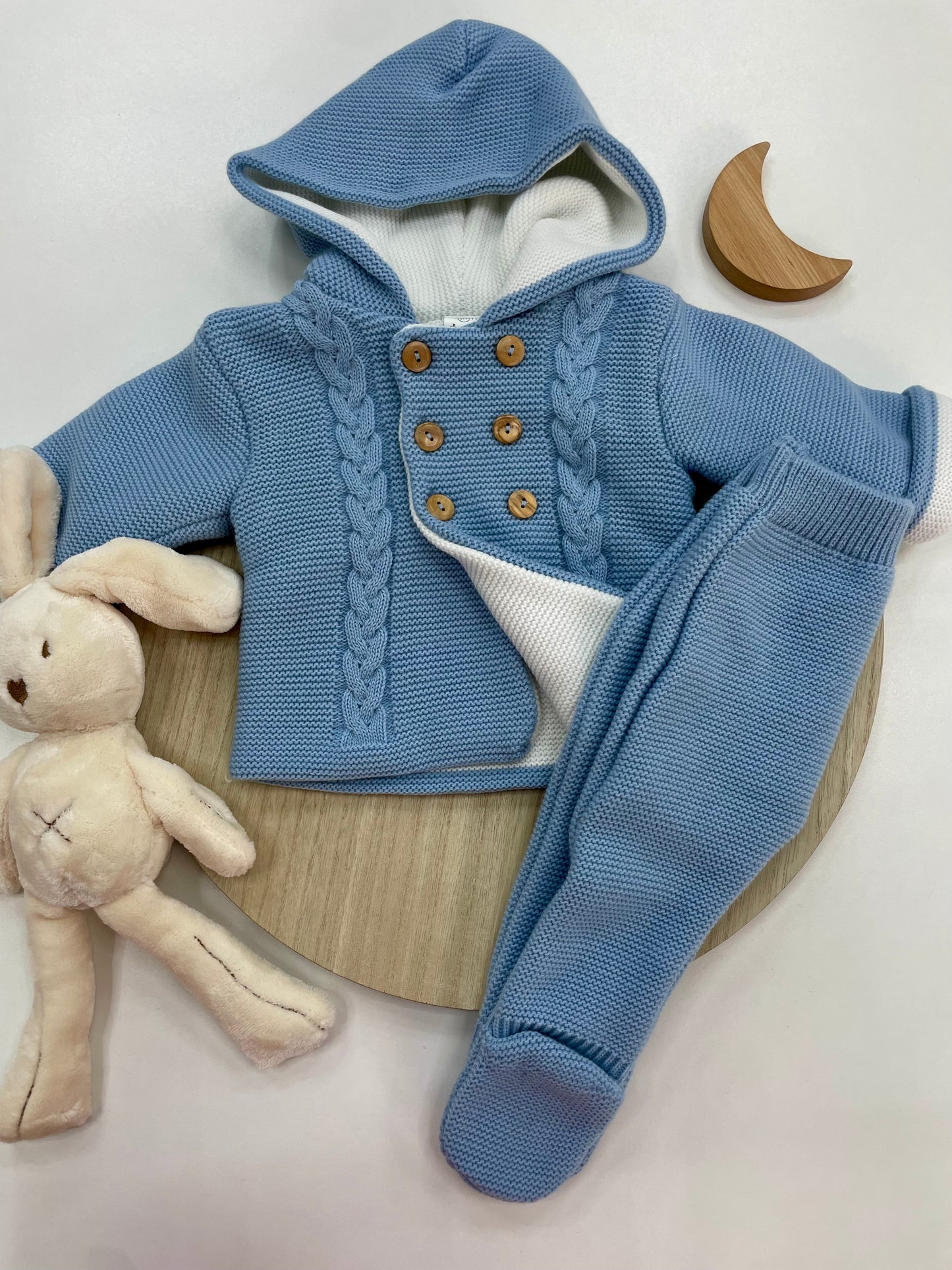 Conjunto Chaqueta y Polaina de Lana para Bebé – Bicolor Celeste y Crudo con Capucha (3-12 meses) 💙🍼