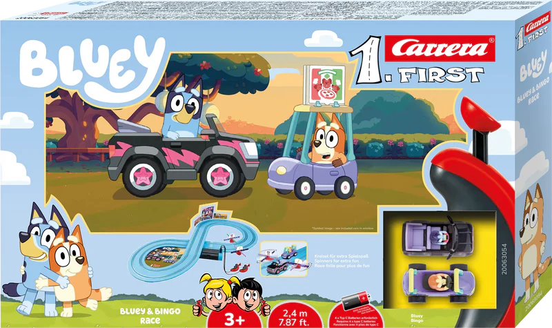 Carrera Bluey y Bingo | Pista de 2,4 m con peonza y decoraciones | +3 años