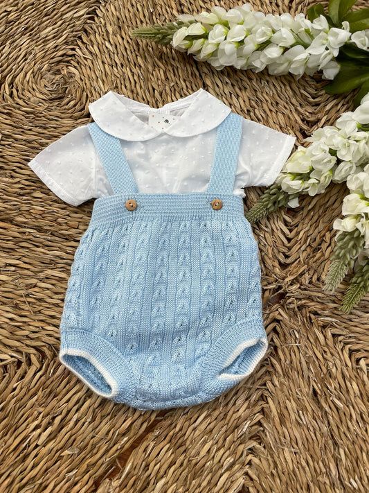 Peto hilo en color celeste bebe con camisa cuello bebe en color blanco 0-6 meses