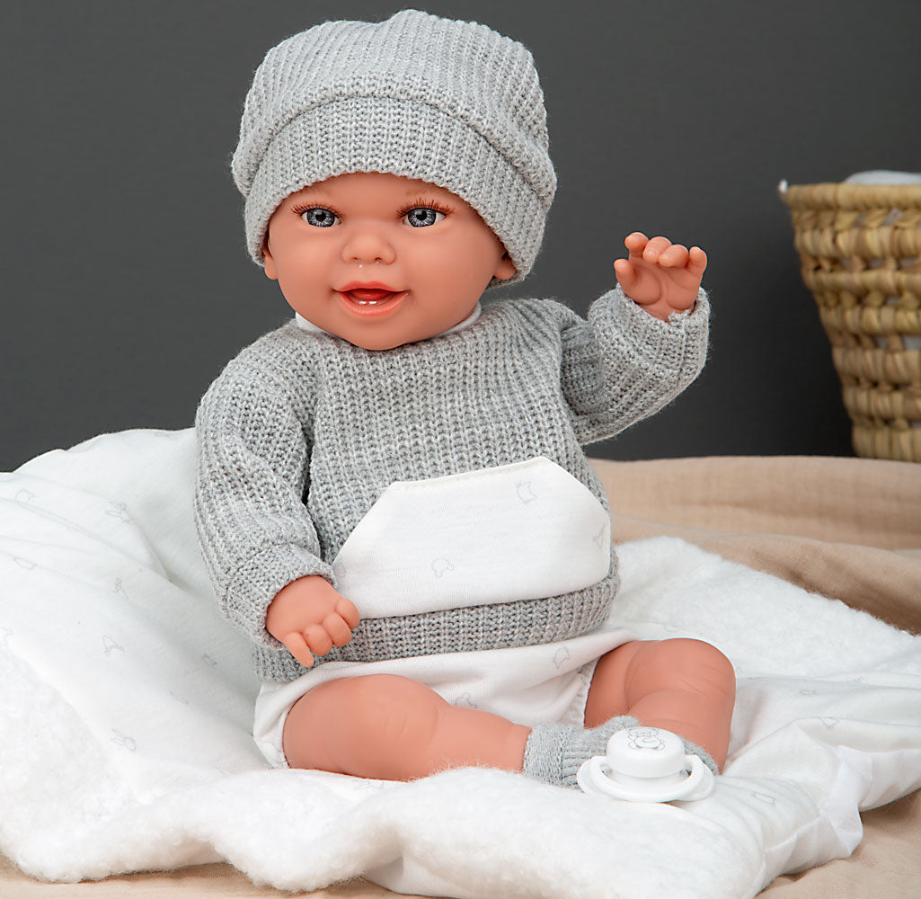 Muñeca con peso Babyto Elegance gris con cojín Arias – 35 cm de ternura y realismo