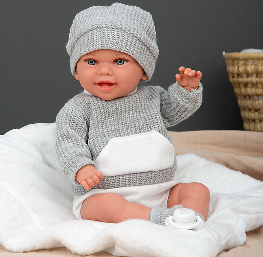 Muñeca con peso Babyto Elegance gris con cojín Arias – 35 cm de ternura y realismo