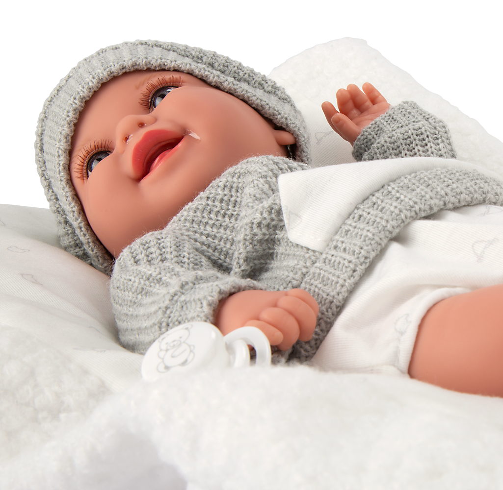 Muñeca con peso Babyto Elegance gris con cojín Arias – 35 cm de ternura y realismo
