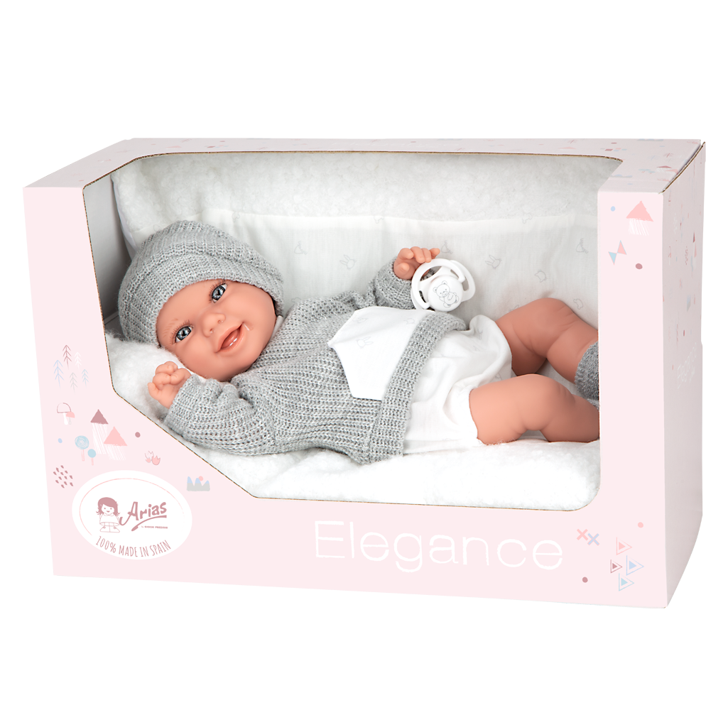 Muñeca con peso Babyto Elegance gris con cojín Arias – 35 cm de ternura y realismo