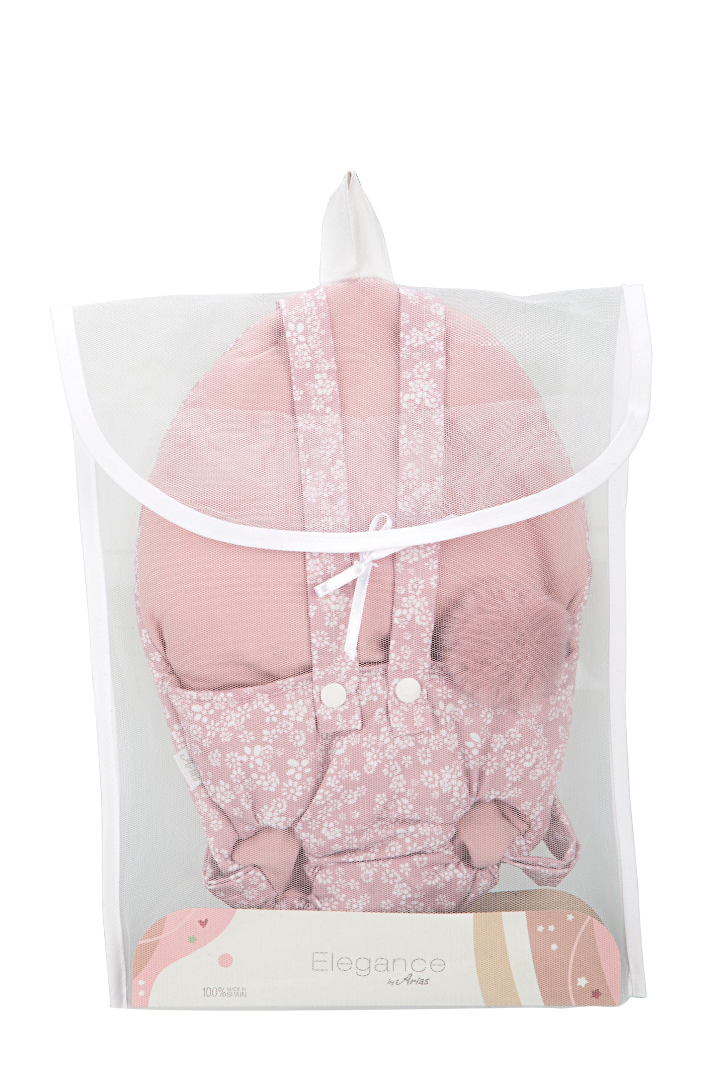 Portabebé rosa con florecitas blancas y pompón – Para muñecos de 40-45 cm 🧸✨