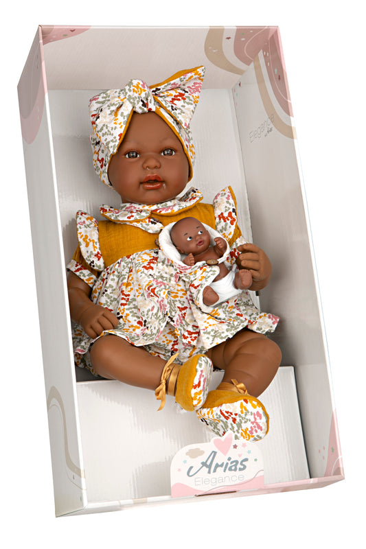 Muñeca Elegance Mies Mulato y Aran Mostaza Arias – 45 cm de ternura y estilo africano