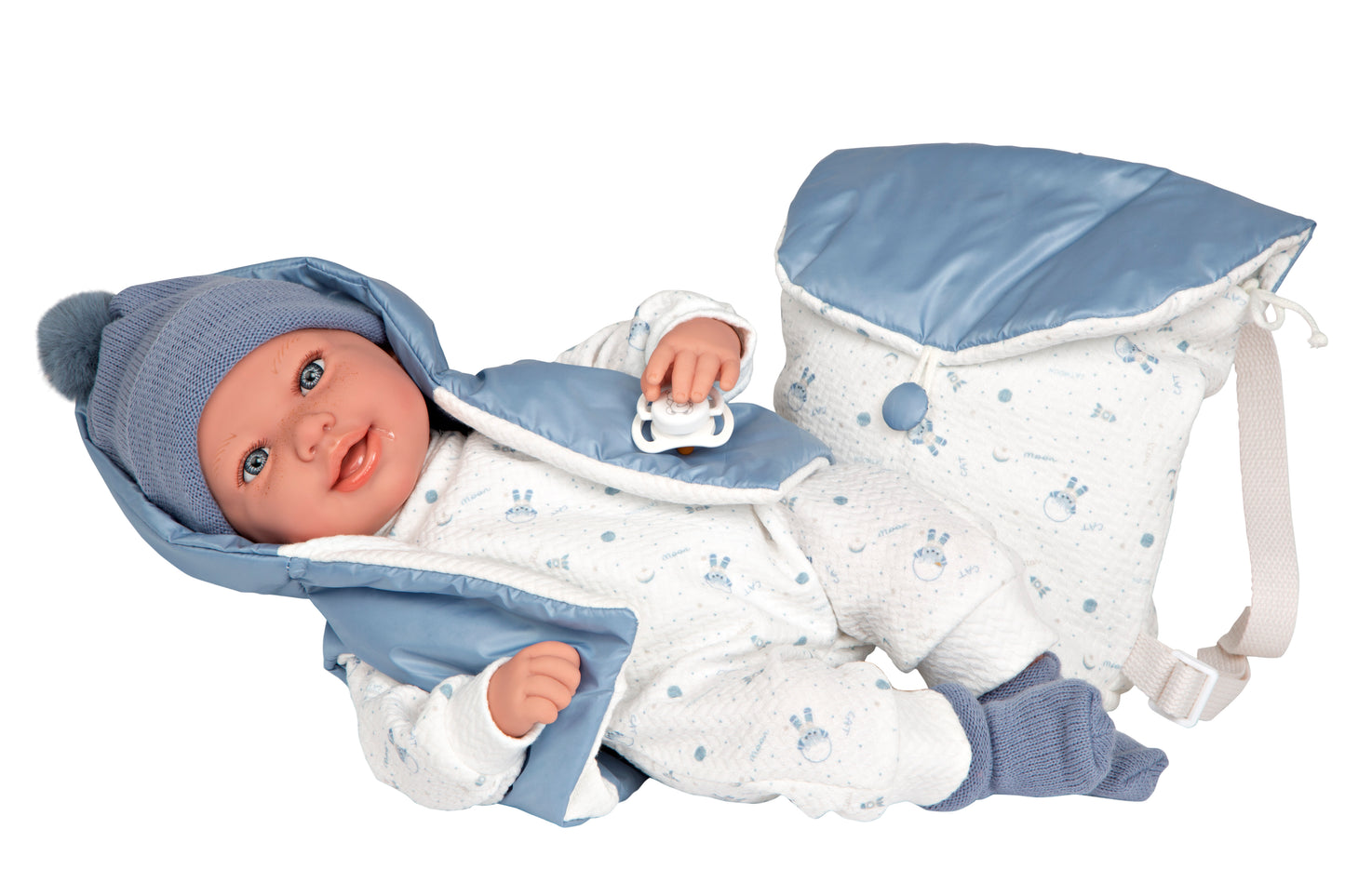 Muñeca con peso Elegance Adi 45 cm con mochila y chupete – Cuerpo blandito y vinyl